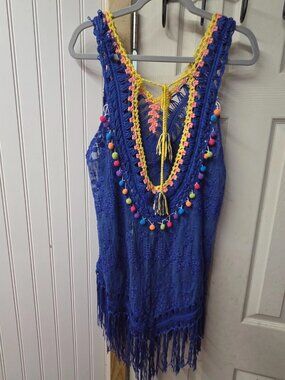 Boho Rodeo crochet swim cover-up kimono shawl pom-pom fringed hem #0179